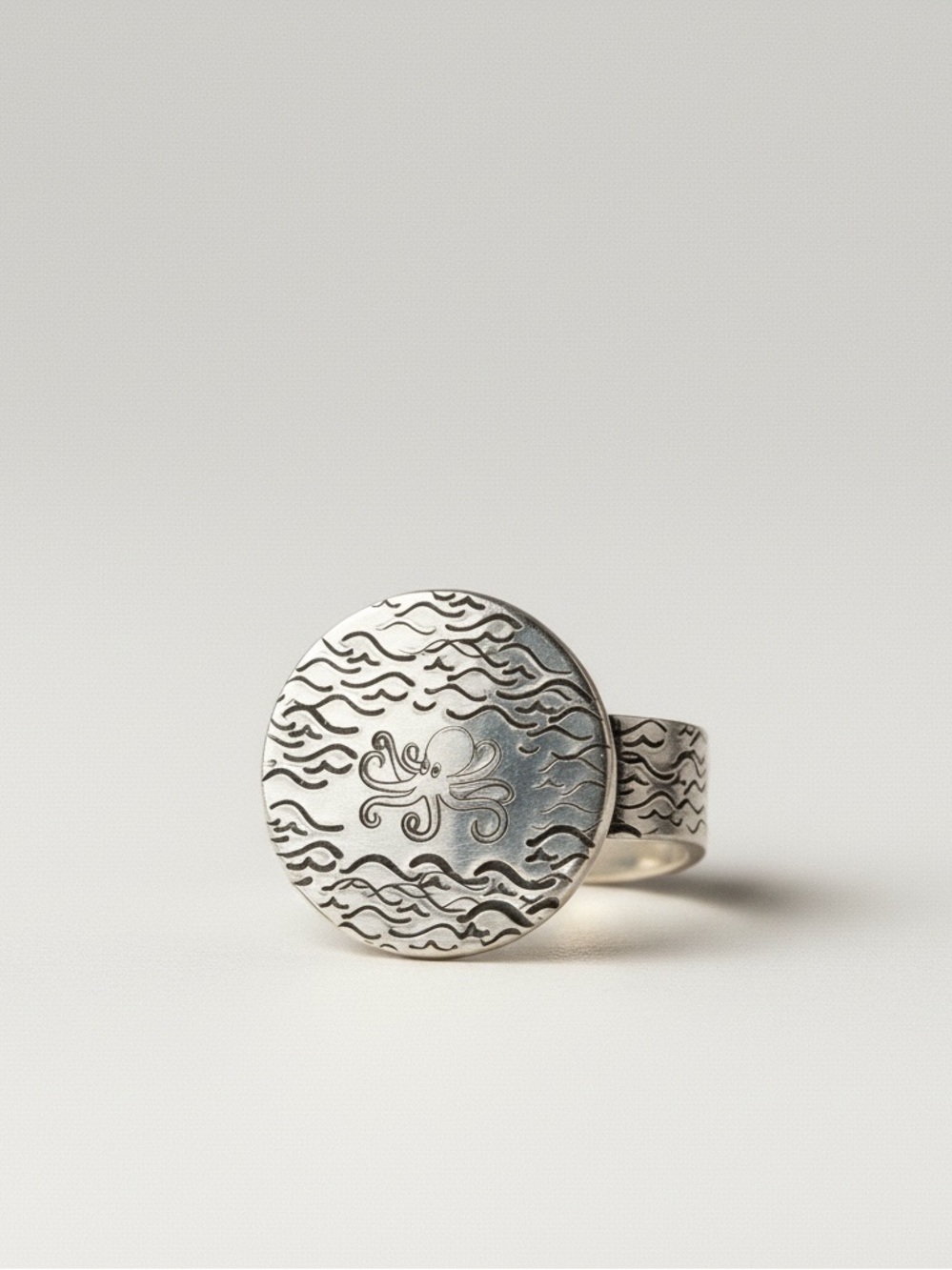Handmade Octopus ocean  silver aluminum adjustable medallion Ring